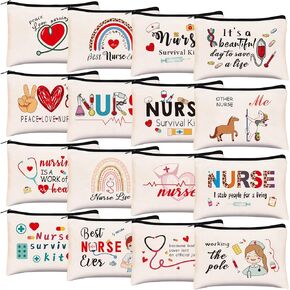 Kolewo4ever 16 pieces Nurse Survival Kit Nurse Practitioner Gifts Nursing Makeup Bags Cosmetic Funny Travel Pouch Bag for Women Nurses Practitioner Supplies (16)