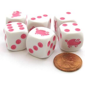 Set of 6 Pig 16mm D6 Round Edged Koplow Animal Dice - White with Pink Pips