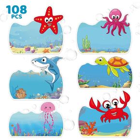 Henoyso 108 Pcs Ocean Themed Desk Name Tags Under The Sea Classroom Decorations Sea Animal Adhesive Desk Name Plate Ocean Themed Classroom Decor for Kids Chritmas Gifts(Classic)