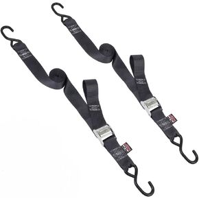 PowerTye 2in x 8ft Cam Buckle Tie-Downs مع S-Hooks - صنع في الولايات المتحدة الأمريكية - 600 رطل. حد حمل العمل / 1800 رطل. قوة الكسر - أسود (زوج)
