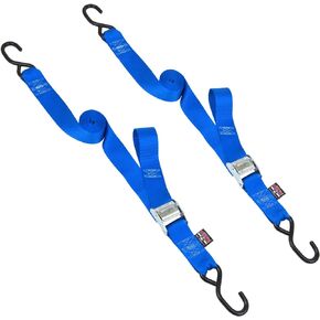 PowerTye 2in x 8ft Cam Buckle Tie-Downs مع S-Hooks - صنع في الولايات المتحدة الأمريكية - 600 رطل. حد حمل العمل / 1800 رطل. قوة الكسر - أسود (زوج)