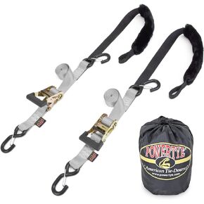 PowerTye 1.5in x 7ft Rubber Handle Ratchet Straps with SHEEPTEX Synthetic Sheepskin Soft-Tye w/Heavy Duty Latch-Hooks - 1,200 lb. WLL / 3,600 lb. Breaking Strength - Made in USA, Black (Pair)