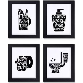 Joysnana Bathroom Decor Wall Art Prints with Paper Frames;Funny Bathroom Sign with Paper Cardboard Frames 8×10 inch set of 4 (Black and White) (A)