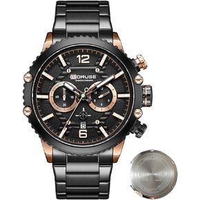 BORUSE Mens Watches Luxury Silver Stainless Steel Chronograph Watch Fashion Business Big Face Waterproof Luminous Calendar Analog Quartz Wristwatch
