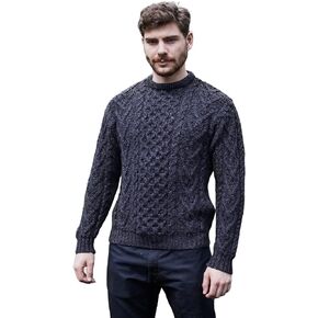 SAOL 100% Merino Wool Men's Irish Traditional Aran Crew Neck Cable Knit Sweater Pullover