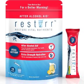 restirr After Alcohol Aid: for a Better Morning. | Supports Alcohol Metabolism, Liver Health, Immune System | Extra Strength Hydration | 16 Stick Packs