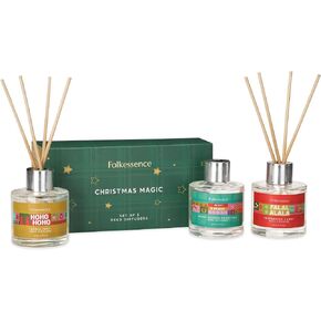 Folkulture Chrismas Reed Diffuser Set of 3 with Sticks for Home, 5.1 fl oz - Essential Oil Diffuser with Reed Sticks, Organic Reed Diffuser - Apple Tart Peppermint Candy, Lavender (Christmas Magic)