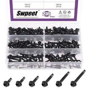 Swpeet 160Pcs 410 Stainless Steel #14 Hex Washer Head Self Drilling Screws Assortment Kit, Self Drilling Sheet Metal Screws Head Self Tapping Screws Anti-Rust Metal Screws Set for Metal