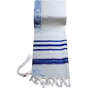 100% Wool Tallit Prayer Shawl in Blue and Silver Stripes Size 24" L X 72" W