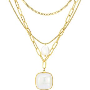 Fashion Gold Color Layered Necklace, Three-strand, Pearl Charm Pendant, 18 Inch Chain, Chic Hipster