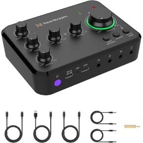 NearStream USB Audio Interface for Recording, Streaming, Podcasting, Rechargeable Audio Mixer with Pro-preamp, XLR, 48V Phantom Power, Line & DI Inputs, Bluetooth, for PC & Smartphone (AMIX20B)