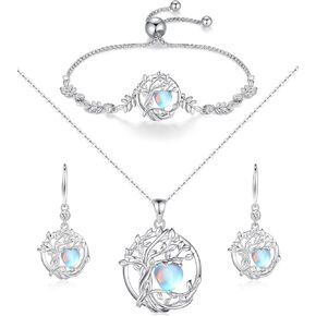 FANCIME Tree of life June Birthstone Jewelry Set Sterling Silver Moonstone Pendant Earrings Bracelet Birthday Mothers Day Gifts for women Wife Mom Her