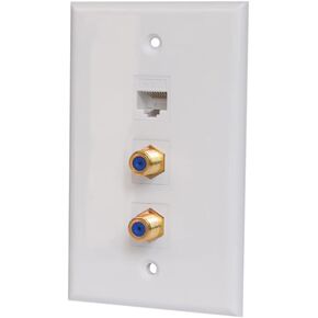 BUPLDET Single Gang 2 Coax 1 Ethernet Wall Plate - 2 Port Coaxial Cable TV F Type and 1 Ethernet Cat6 Faceplate - White
