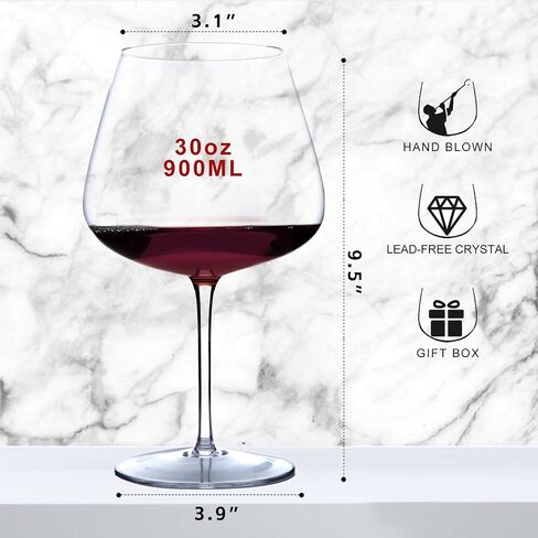Super Large 30OZ Wine Glasses-Hand Blown Crystal Giant Wine Glasses, Big Burgundy Glasses Oversized, Red White Wine,Luxury, Elegant, Ideal Gift for Women,Men,Christmas,Anniversary,Birthday (Pack of 2) in Saudi Arabia