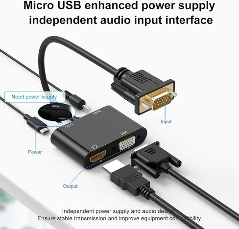 VGA to HDMI VGA Adapter, Dual Display 1080P VGA to HDMI VGA Splitter Converter with Charging Cable and 3.5mm Audio Cable for Computer, Desktop, Laptop, PC, Monitor, Projector and More in Saudi Arabia