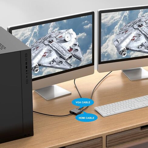 VGA to HDMI VGA Adapter, Dual Display 1080P VGA to HDMI VGA Splitter Converter with Charging Cable and 3.5mm Audio Cable for Computer, Desktop, Laptop, PC, Monitor, Projector and More in Saudi Arabia