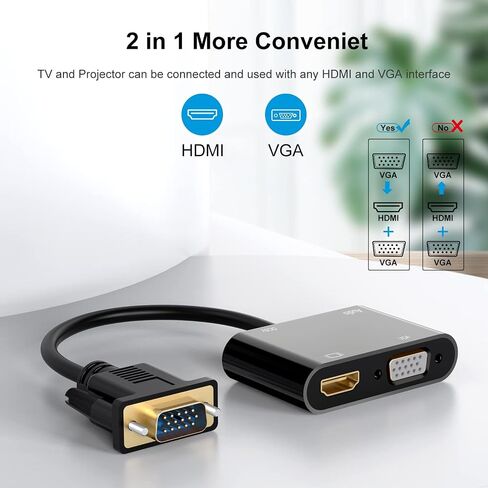VGA to HDMI VGA Adapter, Dual Display 1080P VGA to HDMI VGA Splitter Converter with Charging Cable and 3.5mm Audio Cable for Computer, Desktop, Laptop, PC, Monitor, Projector and More in Saudi Arabia