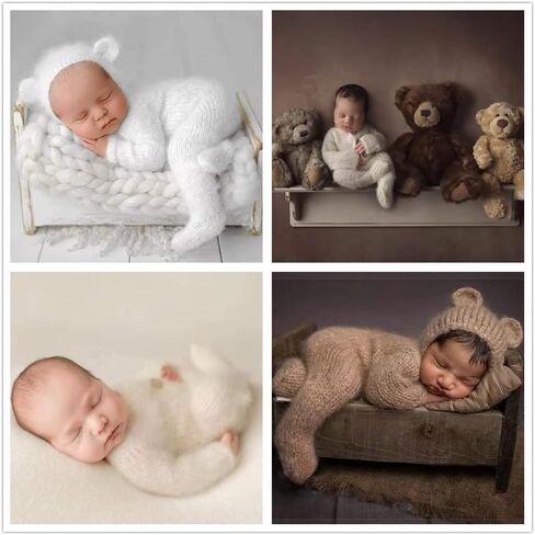 Newborn Photography Props Outfits Mohair Bear Hat and Footed Romper for Baby Photo Props Bodysuit Newborn Photo Shoot Outfits (Camel) in Kuwait