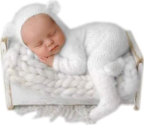 Newborn Photography Props Outfits Mohair Bear Hat and Footed Romper for Baby Photo Props Bodysuit Newborn Photo Shoot Outfits (Camel) in Kuwait