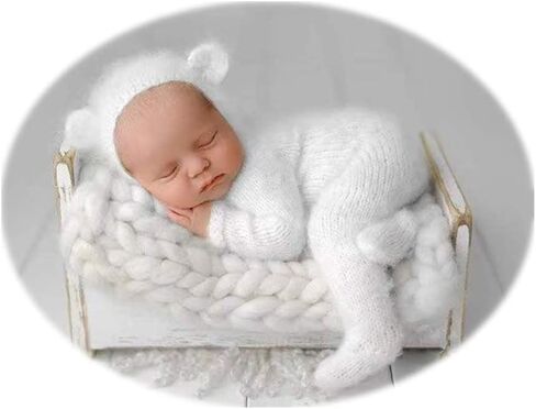 Newborn Photography Props Outfits Mohair Bear Hat and Footed Romper for Baby Photo Props Bodysuit Newborn Photo Shoot Outfits (Camel) in Kuwait