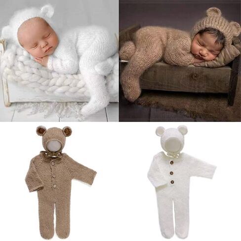 Newborn Photography Props Outfits Mohair Bear Hat and Footed Romper for Baby Photo Props Bodysuit Newborn Photo Shoot Outfits (Camel) in Kuwait