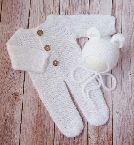 Newborn Photography Props Outfits Mohair Bear Hat and Footed Romper for Baby Photo Props Bodysuit Newborn Photo Shoot Outfits (Camel) in Kuwait