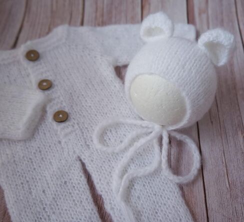 Newborn Photography Props Outfits Mohair Bear Hat and Footed Romper for Baby Photo Props Bodysuit Newborn Photo Shoot Outfits (Camel) in Kuwait