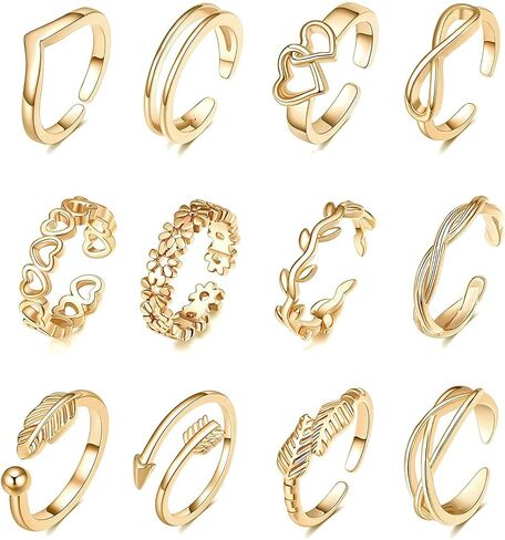 Roe Dolph 12Pcs Toe Rings for Women Gold Toe Rings Adjustable Flower Feather Heart Rings Open Toe Rings Summer Beach Foot Jewelry Birthday Gifts for Teen Girls in Saudi Arabia