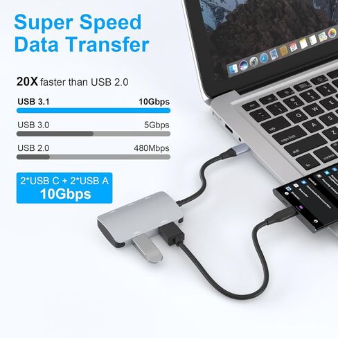 USB C إلى USB C Hub بسرعة 10 جيجابت في الثانية 5 في 1 USB C إلى USB 3.2 محول مع 2 USB-C و2 منافذ USB-A دونجل متعدد المنافذ، USB 3.2 Hub USB C مع مقبس صوت 3.5 ملم لجهاز MacBook Pro/Air، Chromebook، أجهزة XPS وUSB C in Kuwait