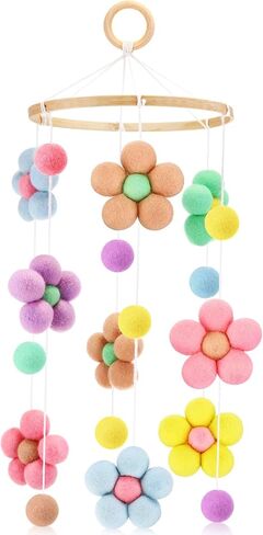 VitalCozy Flower Crib Mobile for Girls Room Decoration, Colorful Ball Wool Felt Ball for Bassinet Girls Boys Nursery and Ceiling Decoration in Saudi Arabia