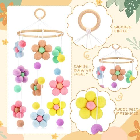 VitalCozy Flower Crib Mobile for Girls Room Decoration, Colorful Ball Wool Felt Ball for Bassinet Girls Boys Nursery and Ceiling Decoration in Saudi Arabia