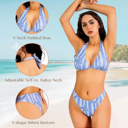 OPPOSHE Bikini Set for Women Two Piece Swimsuit V Neck Triangle Top Wide Straps Cross Back Lace up Mid Rise in Kuwait