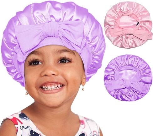BONNET QUEEN 2 قطعة غطاء رأس للأطفال بطبقة مزدوجة، غطاء رأس للأطفال مبطن بالساتان، غطاء حريري للفتيات والأولاد الصغار مع قوس ربطة عنق من 6 إلى 12 شهرًا، وردي + أرجواني in Kuwait