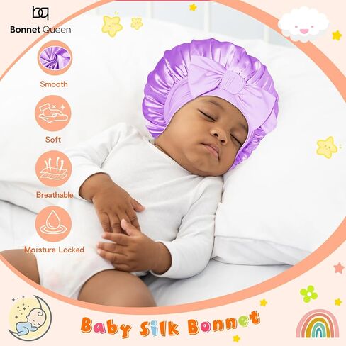 BONNET QUEEN 2 قطعة غطاء رأس للأطفال بطبقة مزدوجة، غطاء رأس للأطفال مبطن بالساتان، غطاء حريري للفتيات والأولاد الصغار مع قوس ربطة عنق من 6 إلى 12 شهرًا، وردي + أرجواني in Kuwait