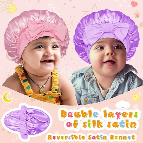 BONNET QUEEN 2 قطعة غطاء رأس للأطفال بطبقة مزدوجة، غطاء رأس للأطفال مبطن بالساتان، غطاء حريري للفتيات والأولاد الصغار مع قوس ربطة عنق من 6 إلى 12 شهرًا، وردي + أرجواني in Kuwait