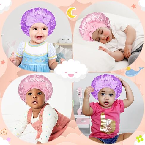 BONNET QUEEN 2 قطعة غطاء رأس للأطفال بطبقة مزدوجة، غطاء رأس للأطفال مبطن بالساتان، غطاء حريري للفتيات والأولاد الصغار مع قوس ربطة عنق من 6 إلى 12 شهرًا، وردي + أرجواني in Kuwait