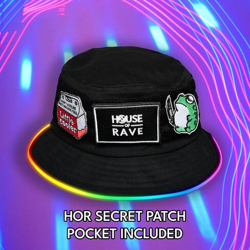 قبعة دلو LED بجيب رقعة سرية - رقع قابلة للتخصيص بخطاف وحلقة (قابلة للإزالة) - قبعة المهرجان للرجال والنساء - قبعة دلو بتصميم قوس قزح in Kuwait