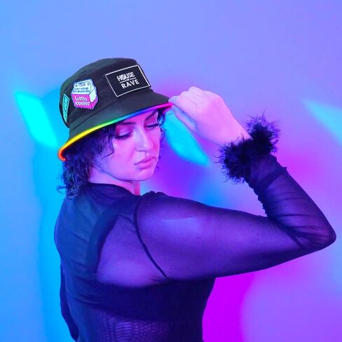 قبعة دلو LED بجيب رقعة سرية - رقع قابلة للتخصيص بخطاف وحلقة (قابلة للإزالة) - قبعة المهرجان للرجال والنساء - قبعة دلو بتصميم قوس قزح in Kuwait