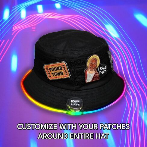 قبعة دلو LED بجيب رقعة سرية - رقع قابلة للتخصيص بخطاف وحلقة (قابلة للإزالة) - قبعة المهرجان للرجال والنساء - قبعة دلو بتصميم قوس قزح in Kuwait
