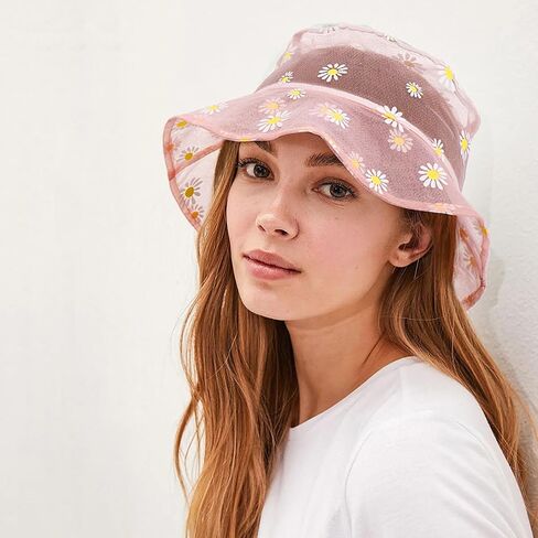 Taidor Transparent Mesh Lace Bucket Hat Daisy Print Packable Sun Caps Fisherman Hats for Women Girls in Saudi Arabia