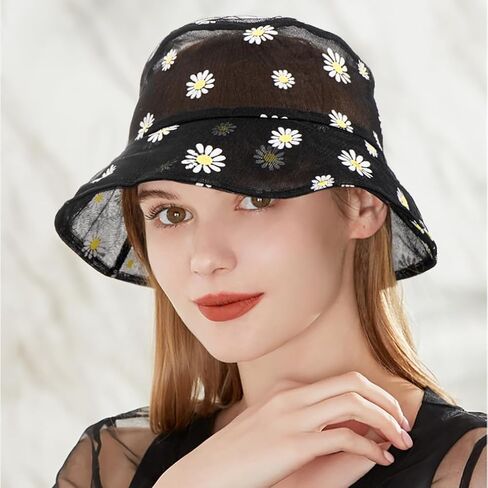 قبعة دلو من الدانتيل الشبكي الشفاف من Taidor، قبعات صياد السمك قابلة للطباعة بطباعة الأقحوان، قبعات صياد السمك للنساء والفتيات in Kuwait