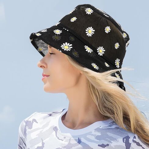 قبعة دلو من الدانتيل الشبكي الشفاف من Taidor، قبعات صياد السمك قابلة للطباعة بطباعة الأقحوان، قبعات صياد السمك للنساء والفتيات in Kuwait