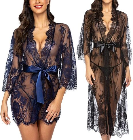 Avidlove Women's Lace Kimono Robe Babydoll Chemise(Navy Blue,L) and Long Lace Kimono Robe Nightgown(Black,L) in Saudi Arabia