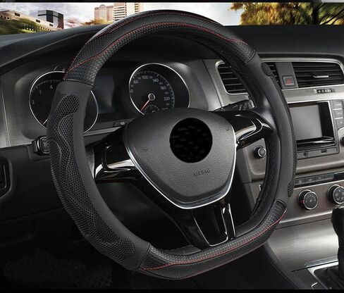 D Cut Steering Wheel Cover - D Shaped Flat Bottom Microfiber Leather Anti-Skid Breathable Fit 14.5"-15" (Black) in Saudi Arabia