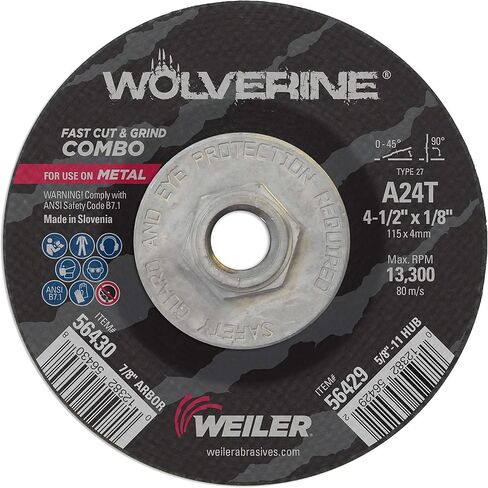 عجلة كومبو من نوع Weiler 56429 Wolverine 27 مقطوعة ومطحنة، A24T، 5/8 بوصة 11 UNC، 4 1/2 بوصة × 1/8 بوصة، أكسيد الألومنيوم، قطر 4.5 بوصة (عبوة من 10) in Saudi Arabia