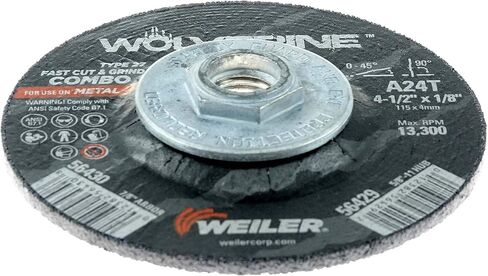 عجلة كومبو من نوع Weiler 56429 Wolverine 27 مقطوعة ومطحنة، A24T، 5/8 بوصة 11 UNC، 4 1/2 بوصة × 1/8 بوصة، أكسيد الألومنيوم، قطر 4.5 بوصة (عبوة من 10) in Saudi Arabia