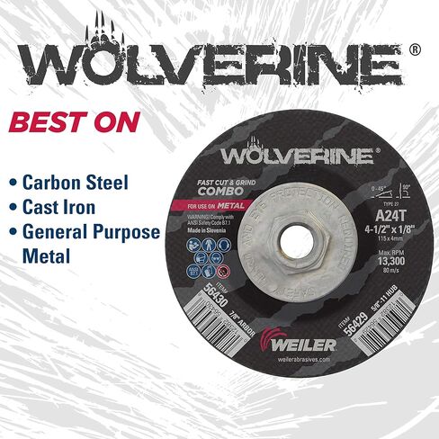 عجلة كومبو من نوع Weiler 56429 Wolverine 27 مقطوعة ومطحنة، A24T، 5/8 بوصة 11 UNC، 4 1/2 بوصة × 1/8 بوصة، أكسيد الألومنيوم، قطر 4.5 بوصة (عبوة من 10) in Saudi Arabia