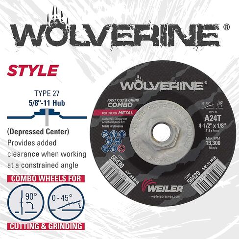 عجلة كومبو من نوع Weiler 56429 Wolverine 27 مقطوعة ومطحنة، A24T، 5/8 بوصة 11 UNC، 4 1/2 بوصة × 1/8 بوصة، أكسيد الألومنيوم، قطر 4.5 بوصة (عبوة من 10) in Saudi Arabia
