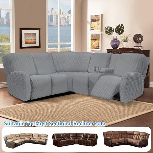 ALIECOM 100% Waterproof Reclining Sectional Couch Covers Jacquard Stretch 2-Piece Sectional Recliner Sofa Cover for Corner L Shaped Sofa Set Recliner Slipcovers Washable (1 Additional Seat, Gray) in Saudi Arabia