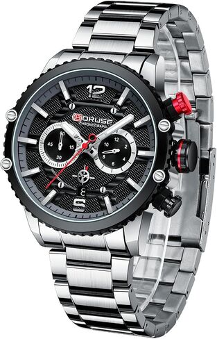 BORUSE Mens Watches Luxury Silver Stainless Steel Chronograph Watch Fashion Business Big Face Waterproof Luminous Calendar Analog Quartz Wristwatch in Saudi Arabia
